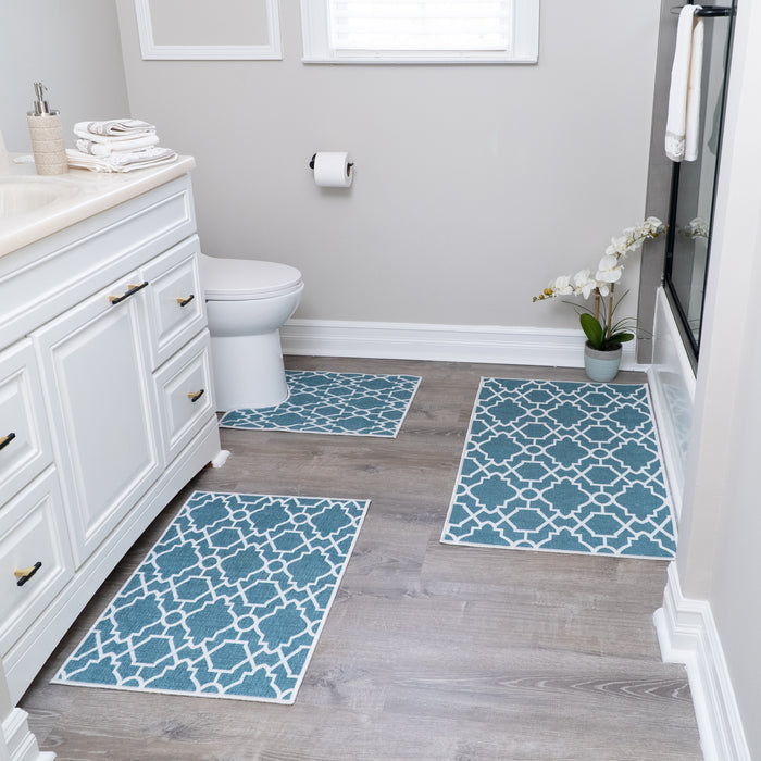 Geometric Graphic Design 3 Piece Bathroom Rugs Set | Teal
