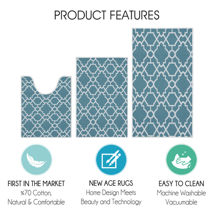 Geometric Graphic Design 3 Piece Bathroom Rugs Set | Teal