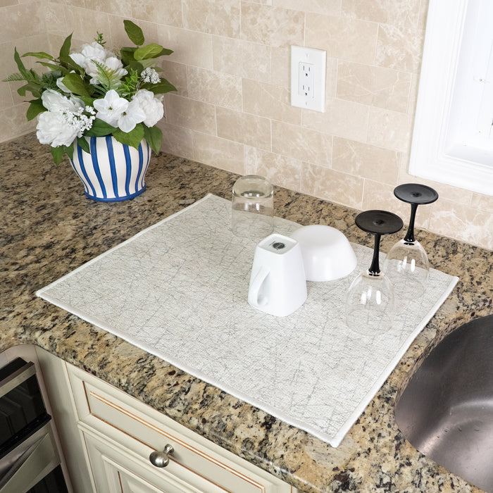 Geometric Pattern Large Dish Drying Mat for Kitchen Counter |24 x 18 x 0.25 Inches | White