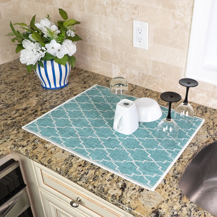Geometric Pattern Large Dish Drying Mat for Kitchen Counter |24 x 18 x 0.25 Inches | Turquoise