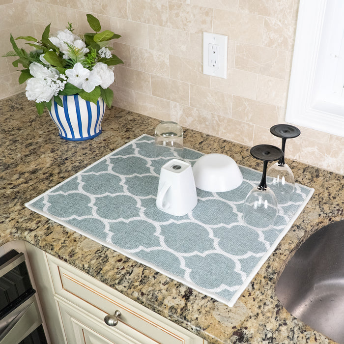 Geometric Pattern Large Dish Drying Mat for Kitchen Counter |24 x 18 x 0.25 Inches |Light Teal