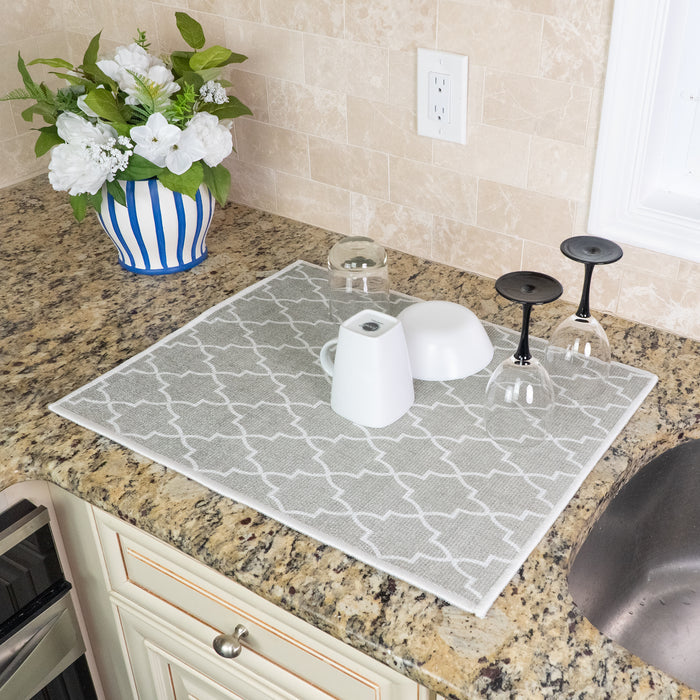 Geometric Pattern Large Dish Drying Mat for Kitchen Counter |24 x 18 x 0.25 Inches | Gray