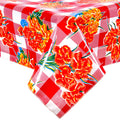 freckled sage gingham and flowers red oilcloth tablecloth with a merrow edge