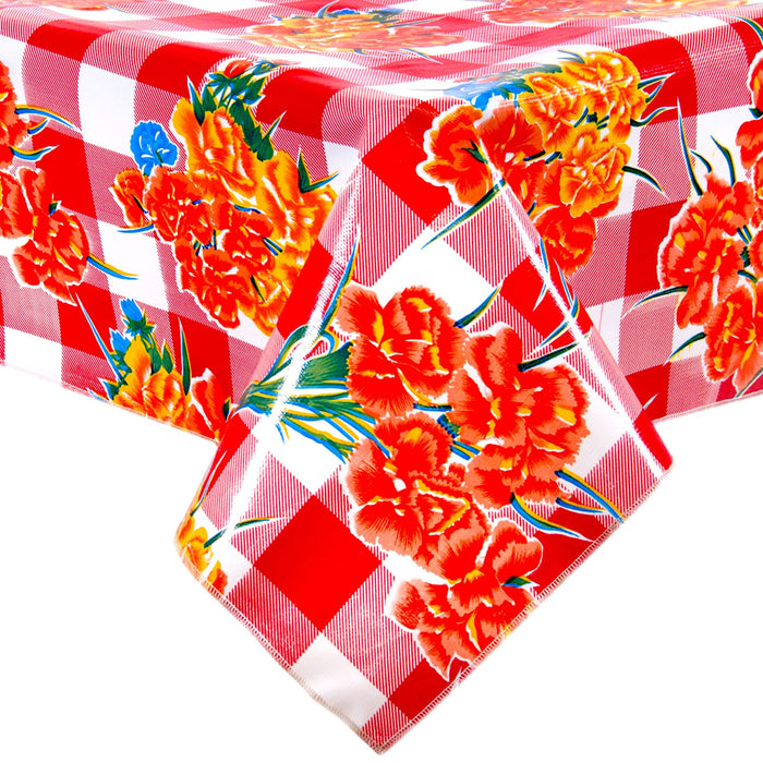 freckled sage gingham and flowers red oilcloth tablecloth with a merrow edge