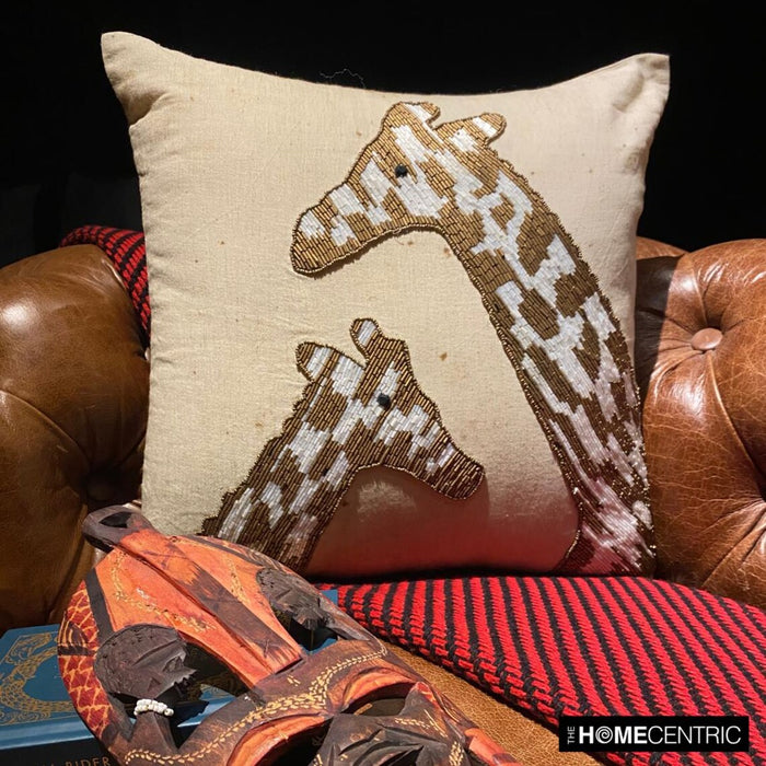 Giraffe Talk - Natural Beige Linen Throw Pillow Cover