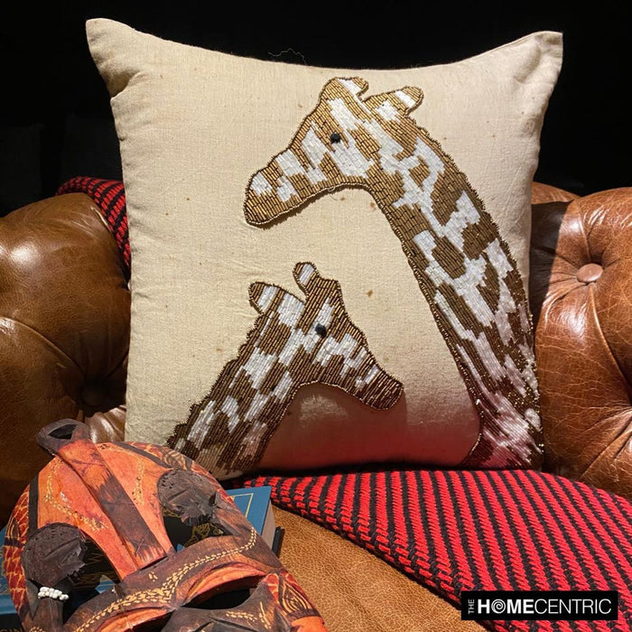 Giraffe Talk - Natural Beige Linen Throw Pillow Cover