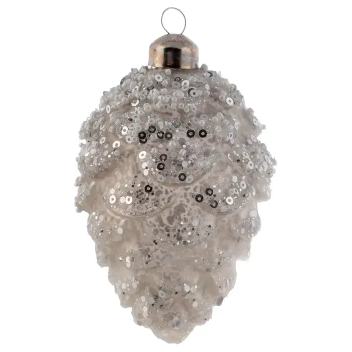 Glittered Glass Pinecone White Ornament