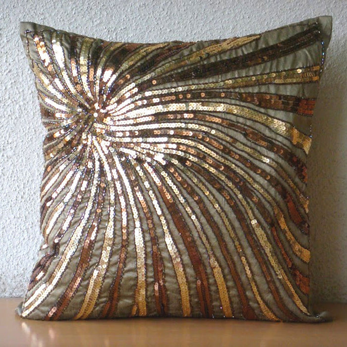 Gold Bloom - Brown & Gold Art Silk Throw Pillow Cover