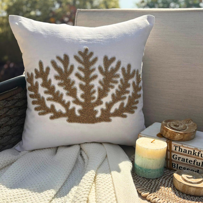 Gold Coral Hunt - Ivory Cotton Linen Decorative Euro Sham