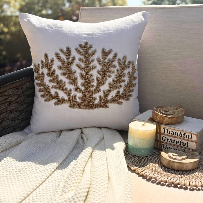 Gold Coral Hunt - Ivory Cotton Linen Decorative Euro Sham