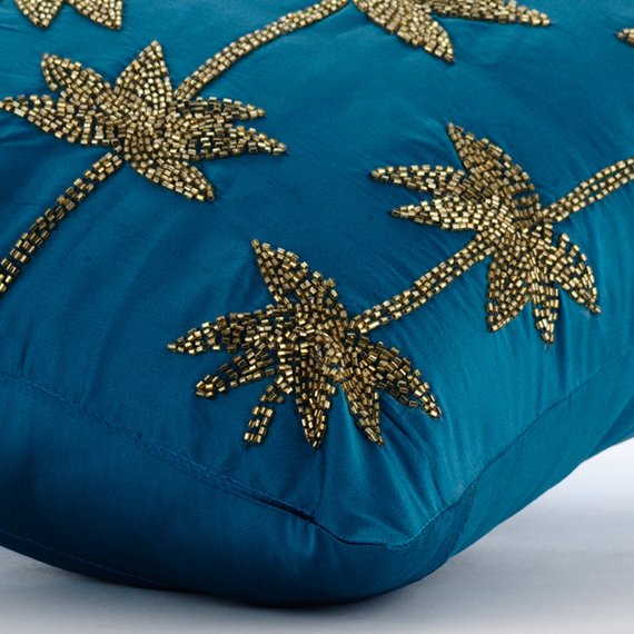 Gold Lotus Dreams - Teal Blue Taffeta Decorative Euro Sham
