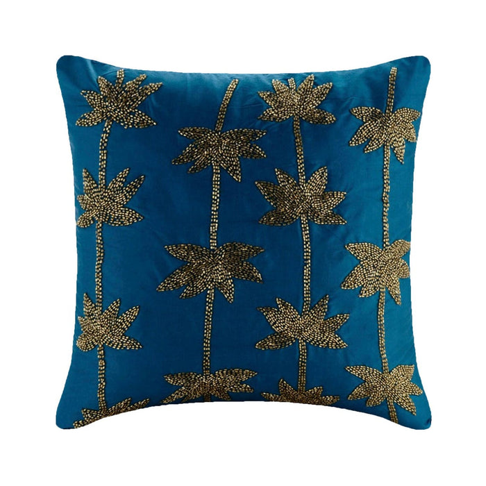 Gold Lotus Dreams - Teal Blue Taffeta Throw Pillow Cover