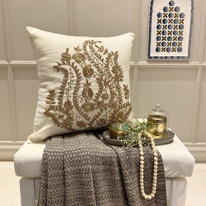 Gold Magical Garden - White Cotton Linen Decorative Euro Sham