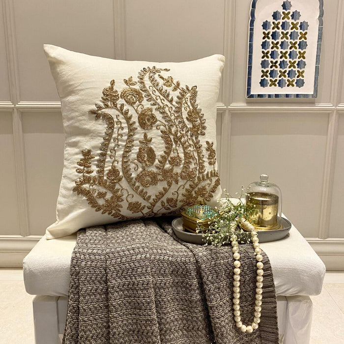 Gold Magical Garden - White Cotton Linen Throw Pillow Cover