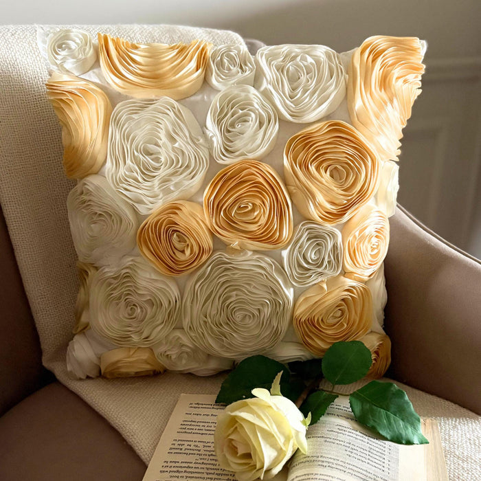 Gold N Ivory Blooms - Ivory & Gold Art Silk Decorative Euro Sham