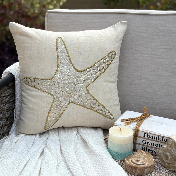 Gold Scaly Starfish - Natural Beige Cotton Linen Decorative Euro Sham