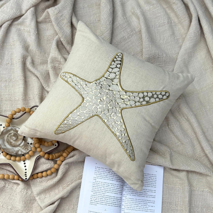 Gold Scaly Starfish - Natural Beige Cotton Linen Decorative Euro Sham
