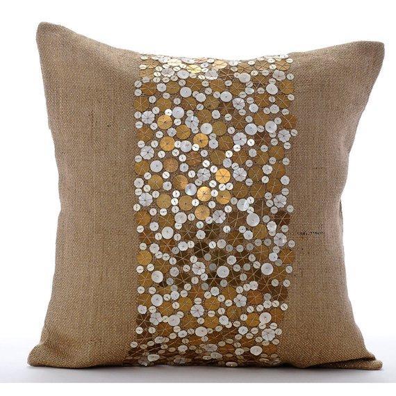 Gold Silver Sands - Beige Burlap Decorative Euro Sham