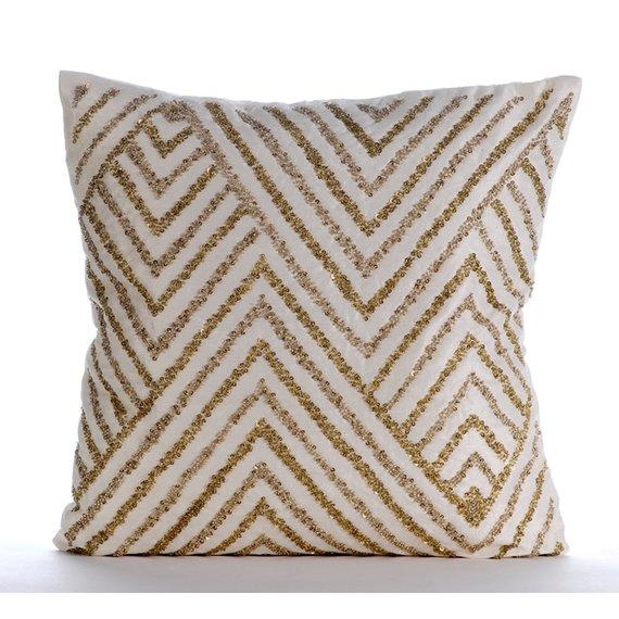 Gold Silver Tinsel - Ivory Cotton Linen Decorative Euro Sham
