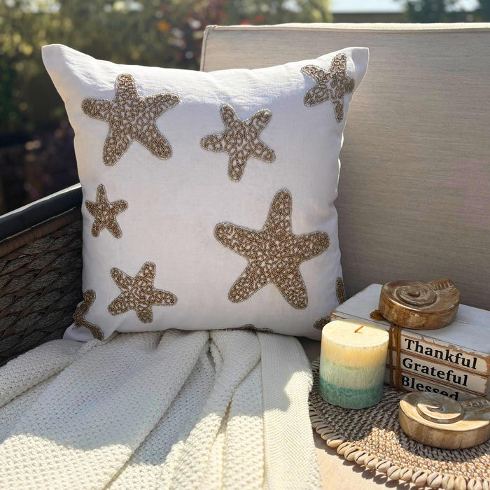 Gold Starfish - Ivory Cotton Linen Decorative Euro Sham