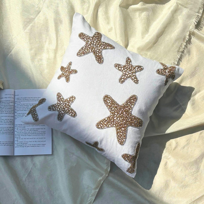 Gold Starfish - Ivory Cotton Linen Decorative Euro Sham