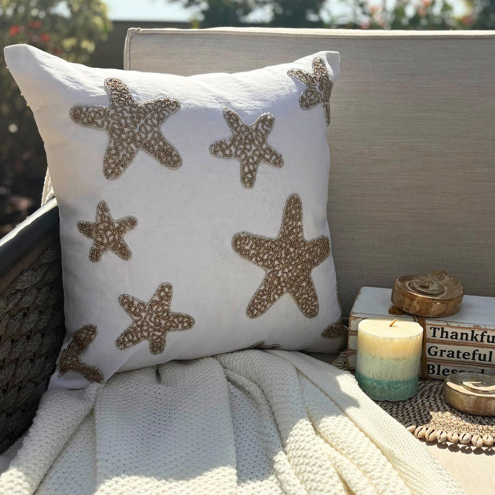 Gold Starfish - Ivory Cotton Linen Decorative Euro Sham