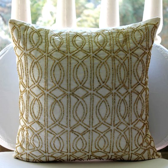 Gold Taj - Ivory Art Silk Throw Pillow Cover