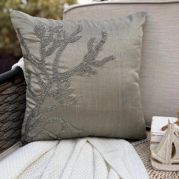 Gray Silver Art Silk Throw Pillow Cover - Coral Adornment