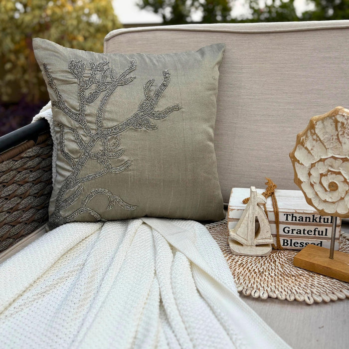 Gray Silver Art Silk Throw Pillow Cover - Coral Adornment
