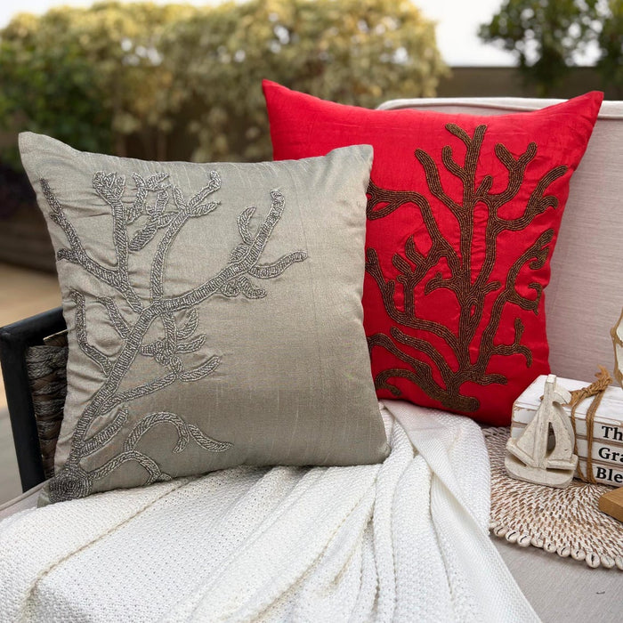 Gray Silver Art Silk Throw Pillow Cover - Coral Adornment