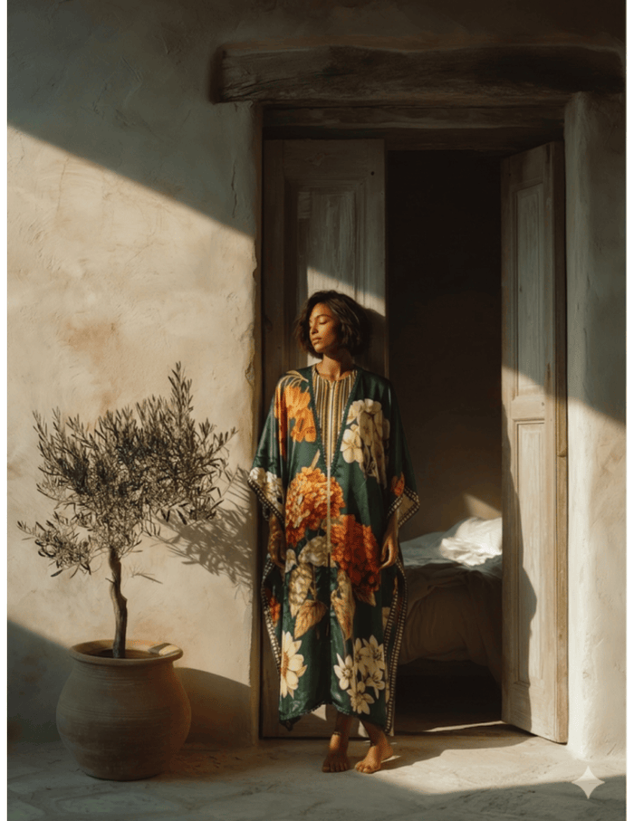 Green Cotton Satin Silk Kaftan Dress