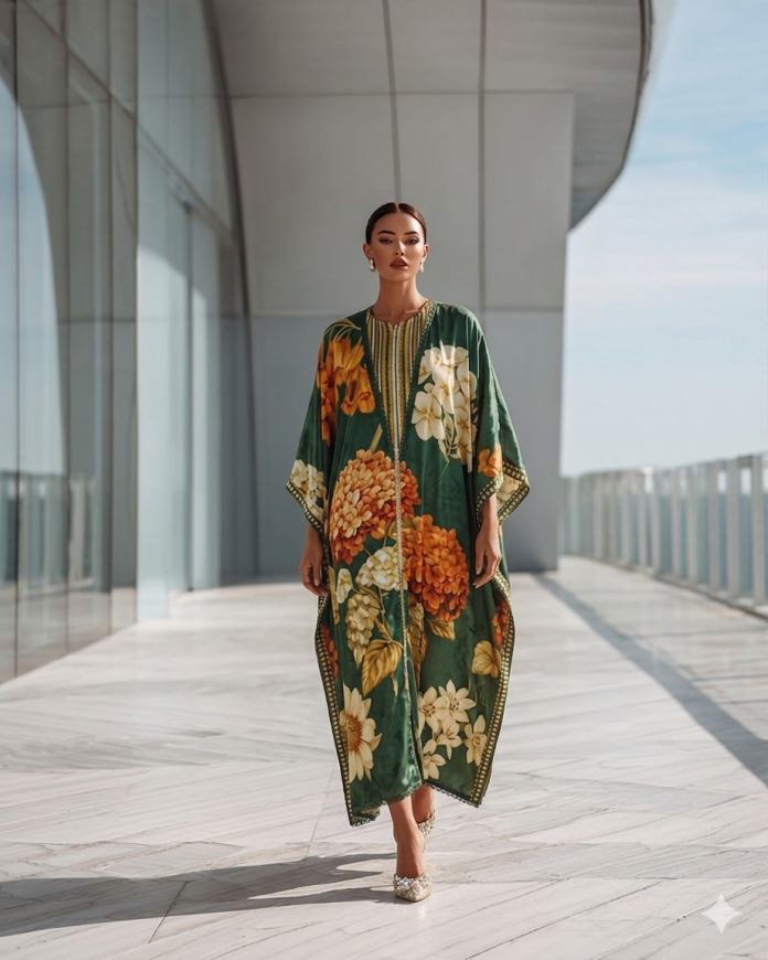Green Cotton Satin Silk Kaftan Dress