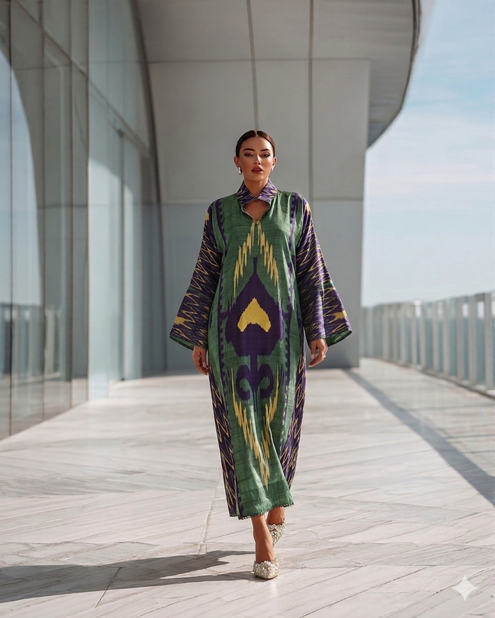 Green Cotton Satin Silk Kaftan Dress