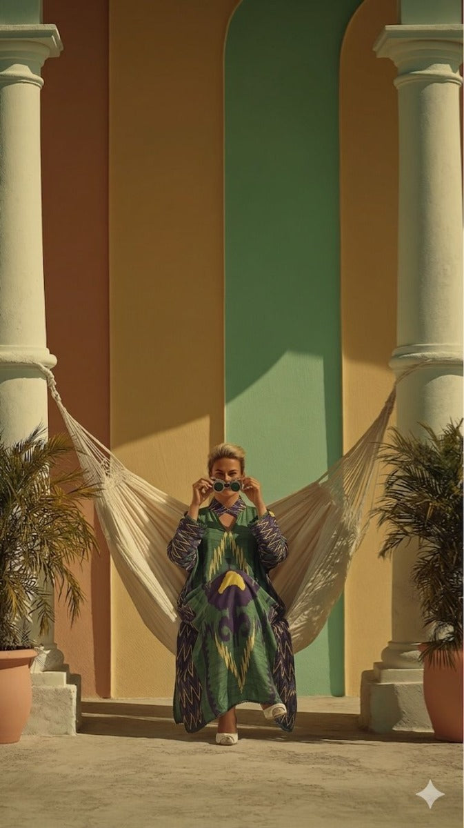 Green Cotton Satin Silk Kaftan Dress