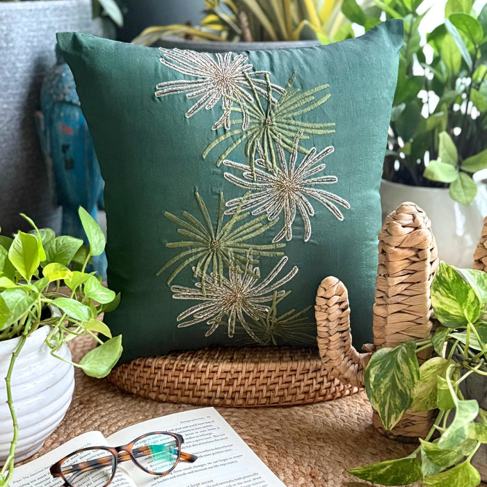 Green Foliage - Dark Green Art Silk Decorative Euro Sham