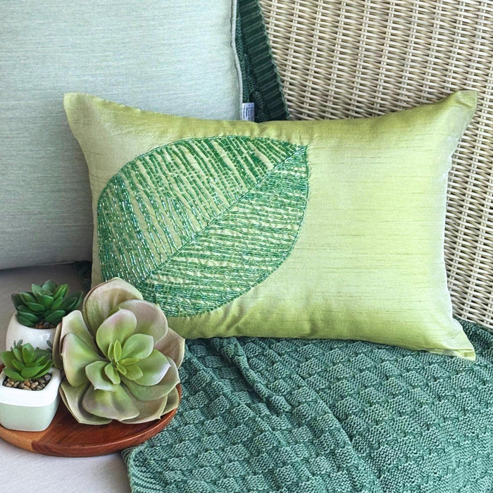 Green Leaf - Art Silk Green Decorative Lumbar Pillow Cover