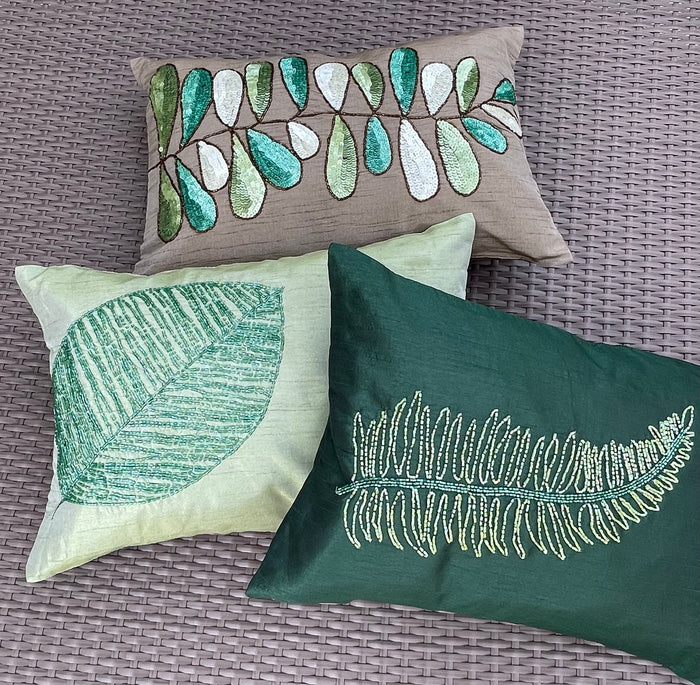 Green Leaf - Art Silk Green Decorative Lumbar Pillow Cover