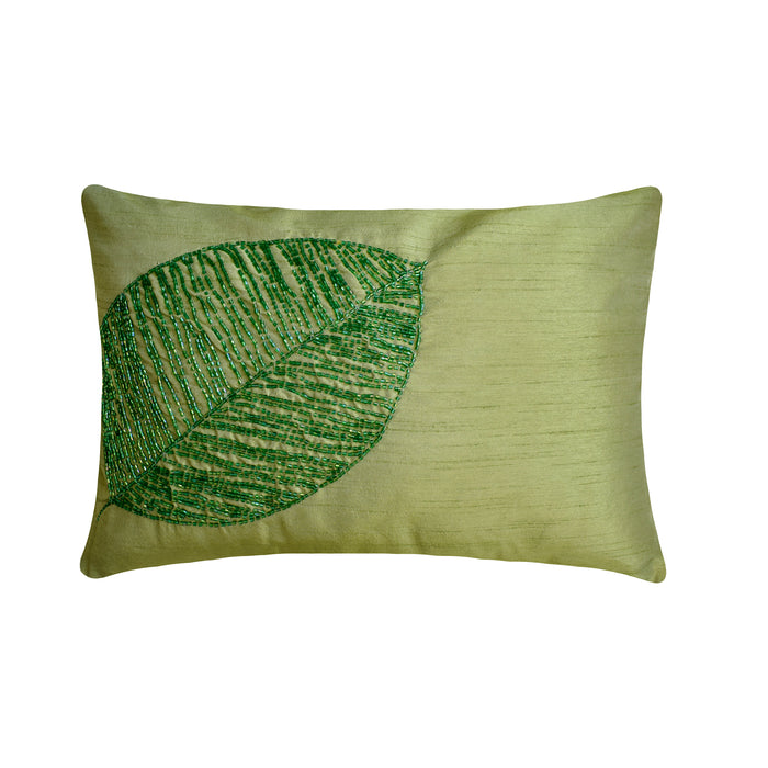 Green Leaf - Art Silk Green Decorative Lumbar Pillow Cover