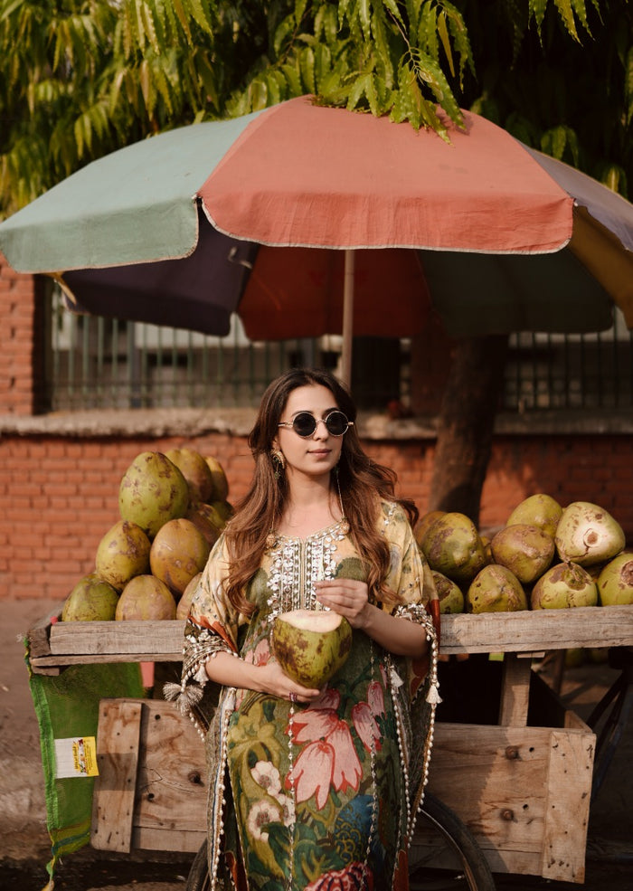 Street Side Nariyal Green Moroccan Silk Kaftan for women