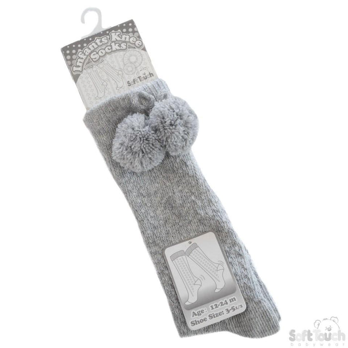 Grey Infants Pelerine Knee-Length Socks W/Pom Pom - 0-24 Months - PS04-G - Kidswholesale.co.uk