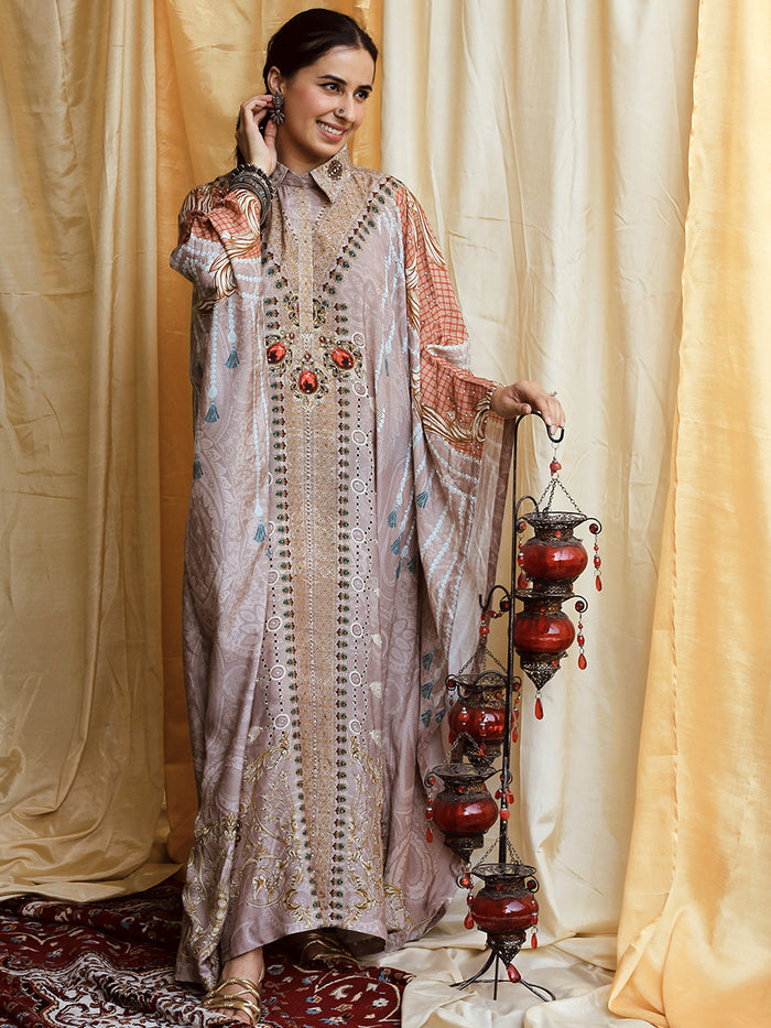 Ghazala Grey Moroccan Satin Silk Festive Dress front view