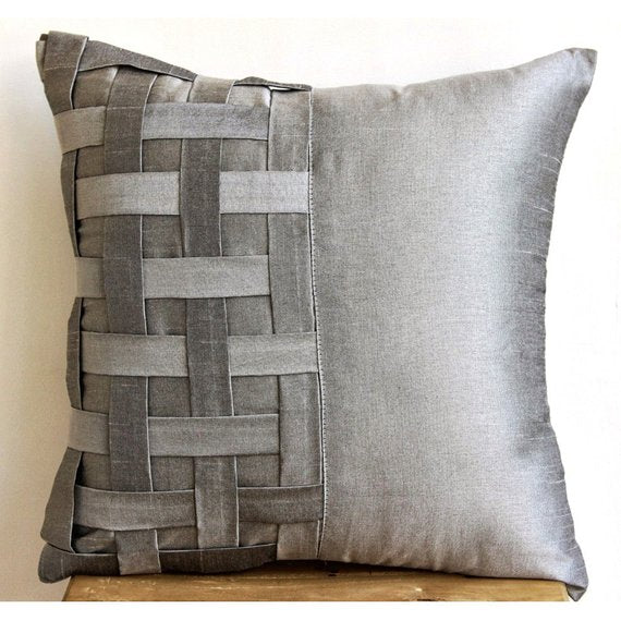 Grey Silver Bricks - Gray Art Silk Throw Pillow Cover