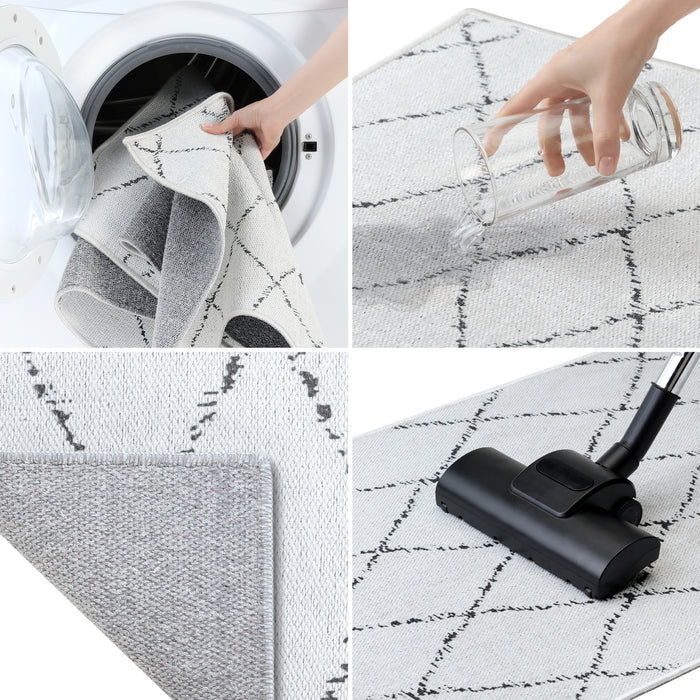 Grid Design Non Skid Washable Kitchen Runner Rugs Set of 2| 44 x 24 and 31.5 x 20 Inches Floor Mats |Ivory
