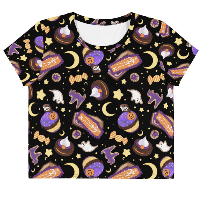 Halloween Treat alternative crop top in black with coffin cakes and marshmallow ghosts