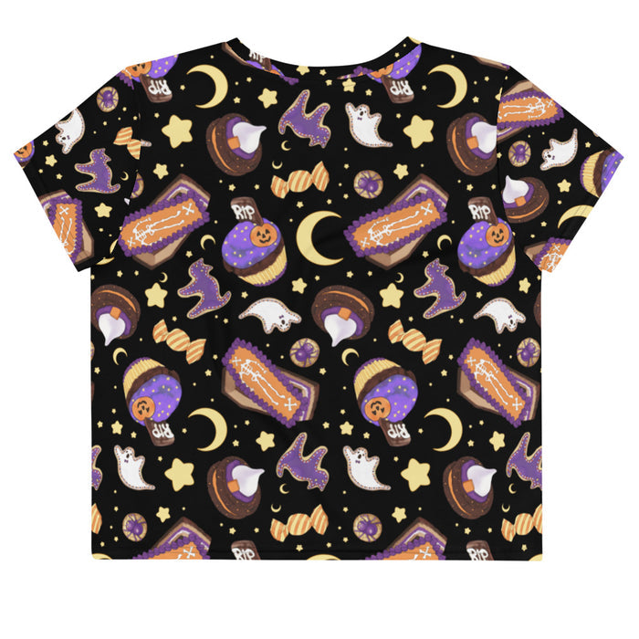 Halloween Treat alternative crop top in black with pumpkin cupcakes and ghost cookies