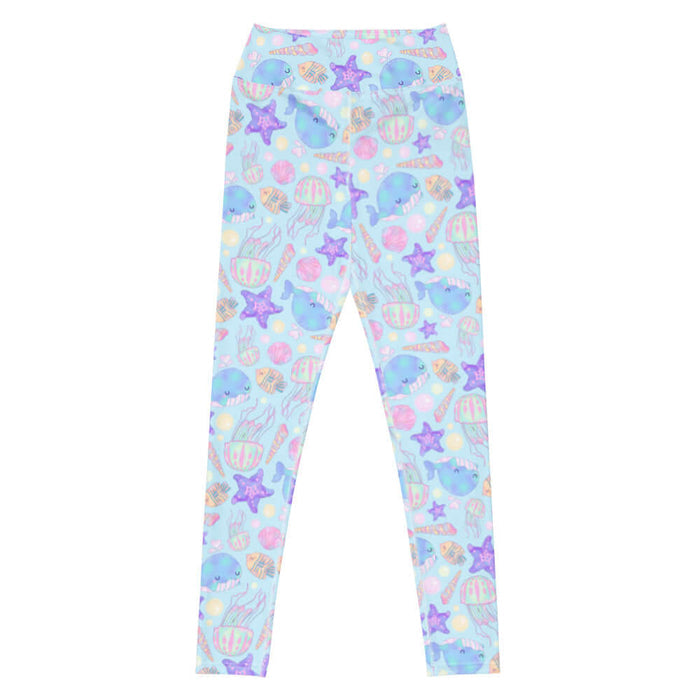 Under the Sea kawaii high-waisted leggings in blue with pink jellyfish and coral seashells