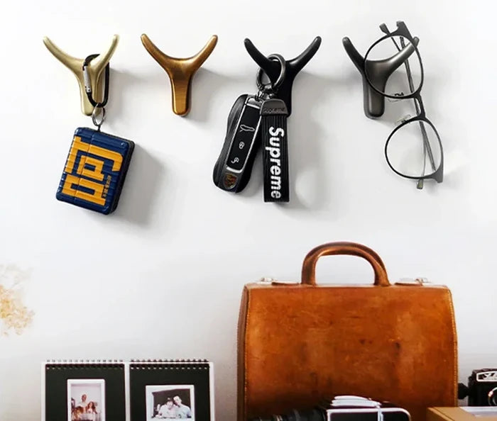 Stylish wall hooks holding keys, glasses, and accessories with vintage suitcase and photo frames below