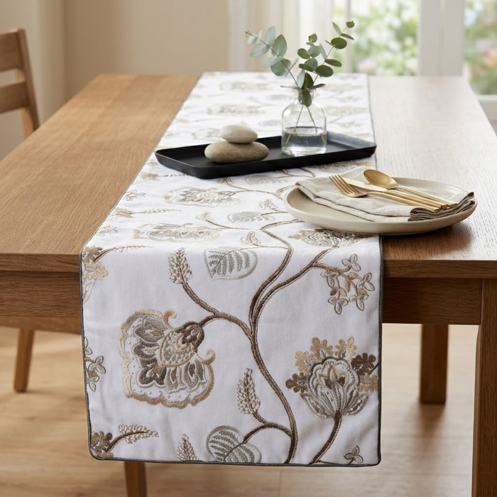 Ivory Cotton Decorative Table Runners - Creamy Blooms