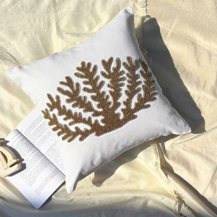 Ivory Cotton Linen Throw Pillow Cover - Gold Coral Hunt
