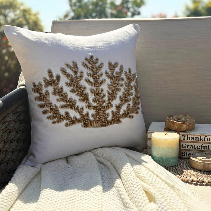 Ivory Cotton Linen Throw Pillow Cover - Gold Coral Hunt